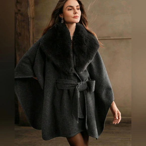 Women's Elegant Casual Loose Cinched Waist Wool Blend Cape Coat, Fall/Winter